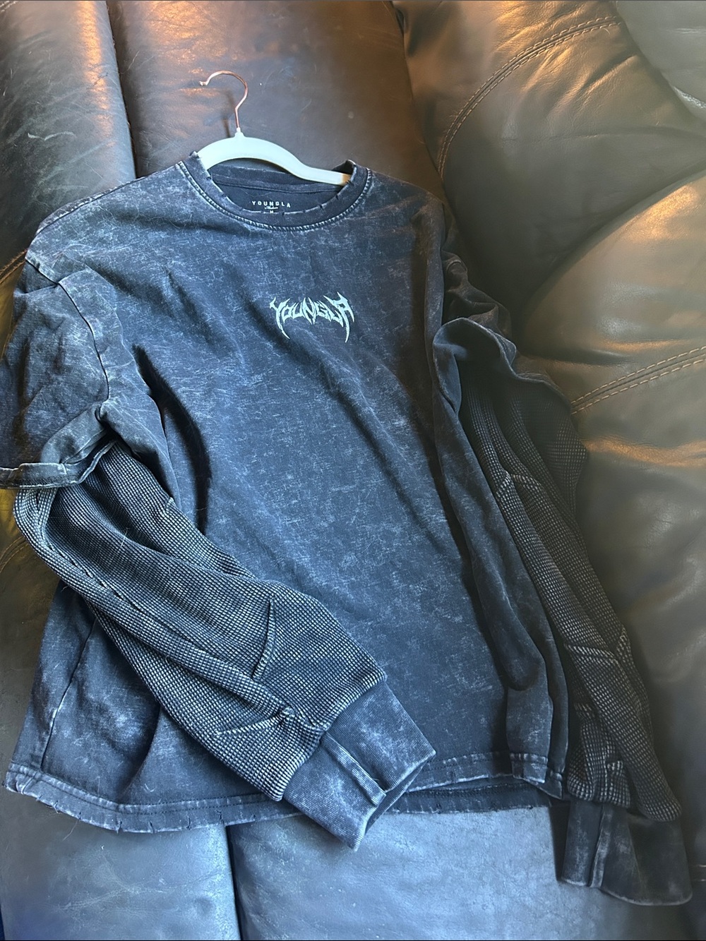 YoungLA Black Acid-Wash Long Sleeve Tee with White Logo